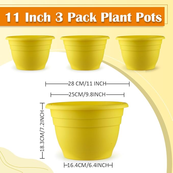 3 Pack 11 Inch Plant Pots for Indoor OutdoorPlastic Floor Planters with Drainage HolesLightweight Flower Pots for HomePatio &amp Garden(Yellow)