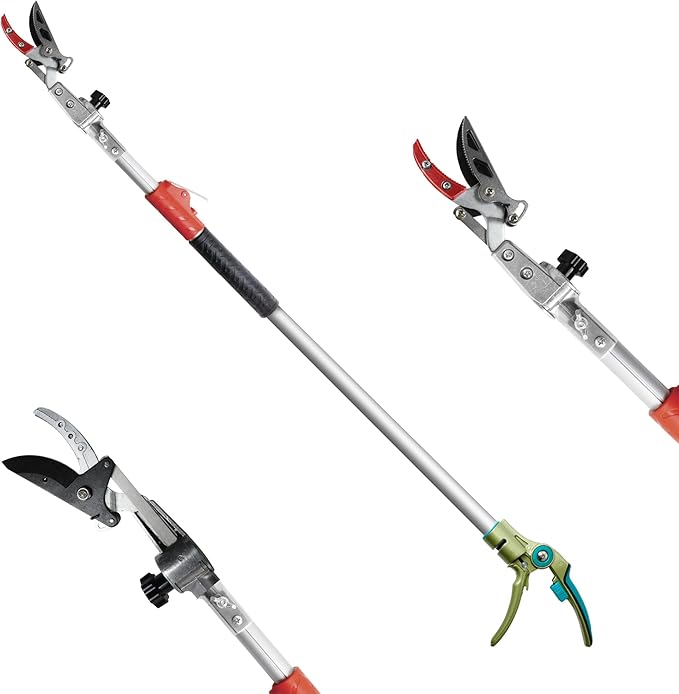 GARTOL Pruner for Garden Cut Upto 1 Inch &amp Hold Telescopic Pole Pruner Fruit Picker with Rotating Blade Head Lightweight Aluminum Extendable Handle for Tree Branch Cutter 6.23-10.5 FT Silver