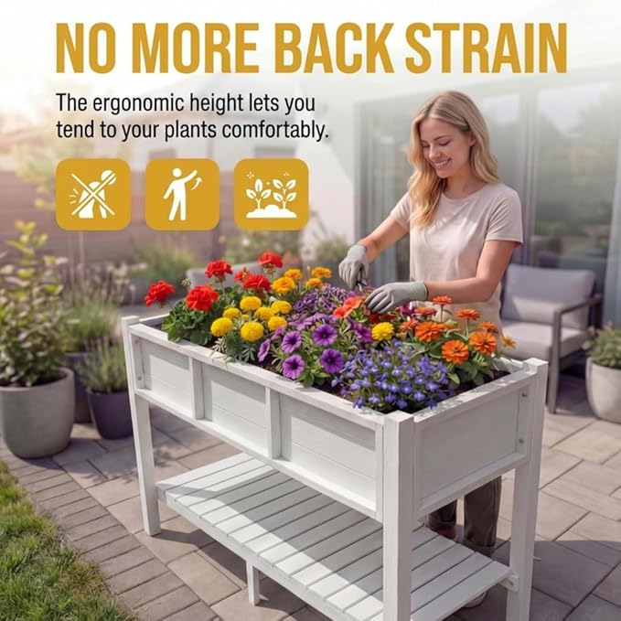 DWVO 48x18x30in Raised Garden Bed HDPE Poly Wood Planter Box StandWeather-Resistant Planter Box with Legs &amp Storage Shelf Elevated Garden Bed for Backyard Patio Balcony White
