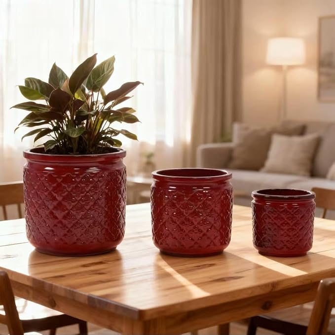 Handmade Ceramic Planter Set of 3 15129 Inch Diameter Diamond Pattern for Orchids Indoor Plants Windowsill Bookshelf Use Breathable Clay