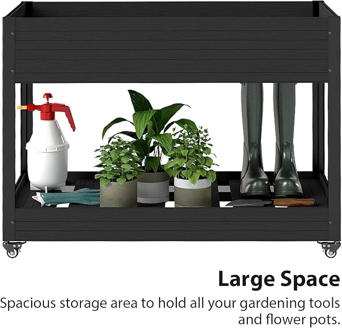 mondaria Mobile Raised Garden Bed 48x24x34 Elevated Planter with Lockable Wheels Wood Plastic Composite Standing Garden Container for Backyard PatioBlack