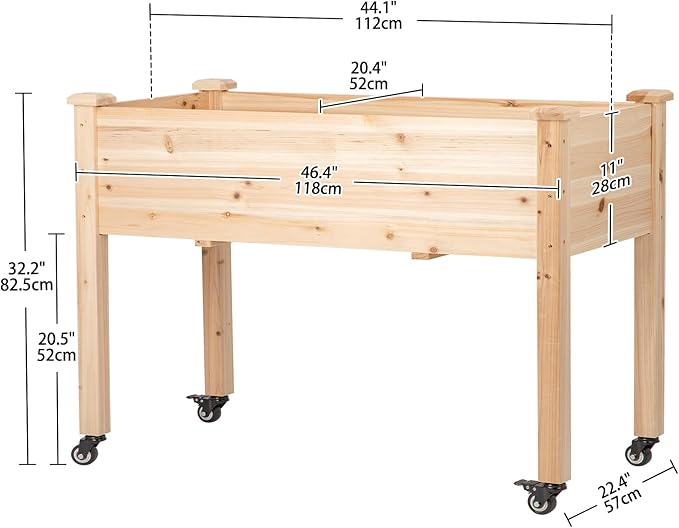 Raised Garden Bed with Lockable Wheels 48x24x32 inch Elevated Wood Planter with Protective Liner for Vegetable Flower Herb Outdoor Balcony Patio Backyard Natural