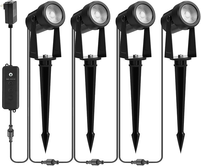 ZYAN 4 Pack Outdoor LED Landscape Spotlights with Sensor &amp 4 Pack Landscape Spotlights with Power Supply
