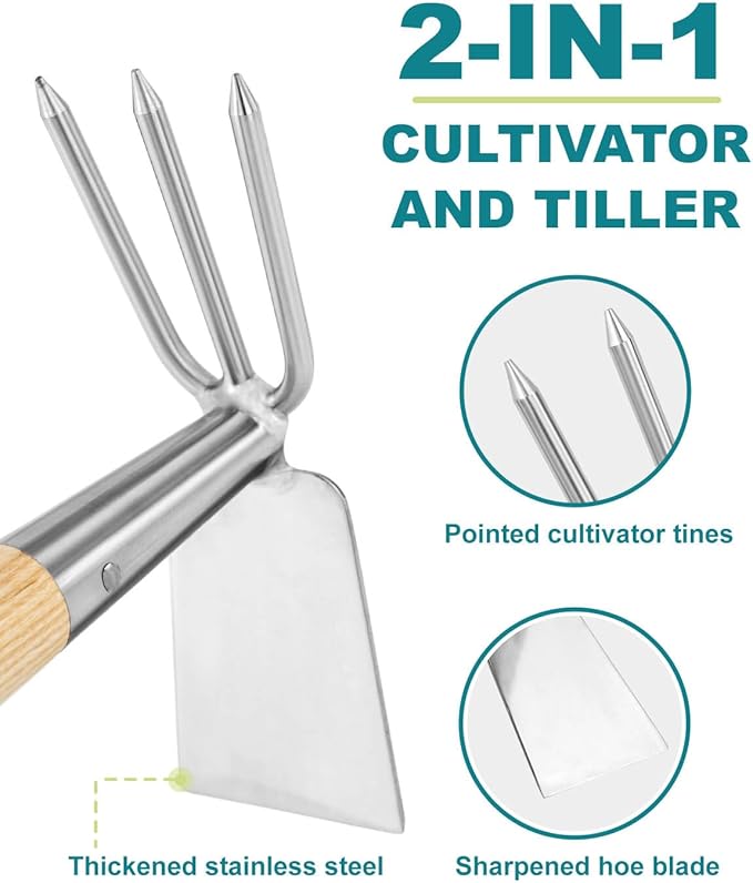 Hoe and Cultivator Garden Rake Hand Tiller Tool Wood Handle Double Sided Cultivator Versatile Tool for DiggingLoosening SoilWeedingBreaking Up SoilCultivatingPreparing Seedbeds Combination Garden
