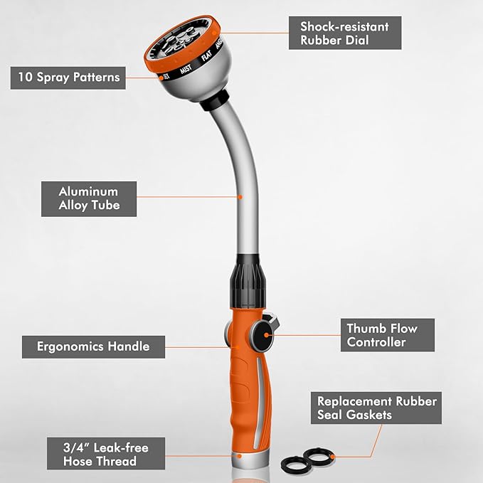 RESTMO Watering Wand Heavy Duty Metal Garden Hose Wand with 10 Spray Patterns 15-Inch Long Hose Nozzle Sprayer with Thumb Flow Control Ideal to Water Hanging Baskets and Shrubs Orange