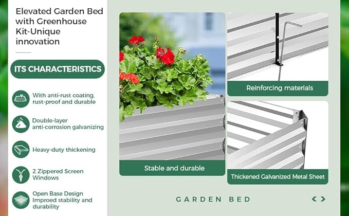 6x3x3ft Galvanized Raised Garden Bed with Cover Extra-Thick Metal Planter Box Kit w/ 2 Roll-Up Large Screen Windows Mini Greenhouse &amp1 Pair of Gloves for Growing Vegetables Fruits Flower Clear
