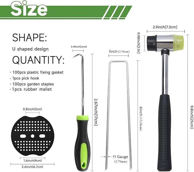 6 Inch Landscape Staples Set 11 Gauge Galvanized U-Shaped Garden Stakes (100 Pack) with Gaskets Hook Tool &amp Rubber Mallet for Weed Fabric &amp Landscaping