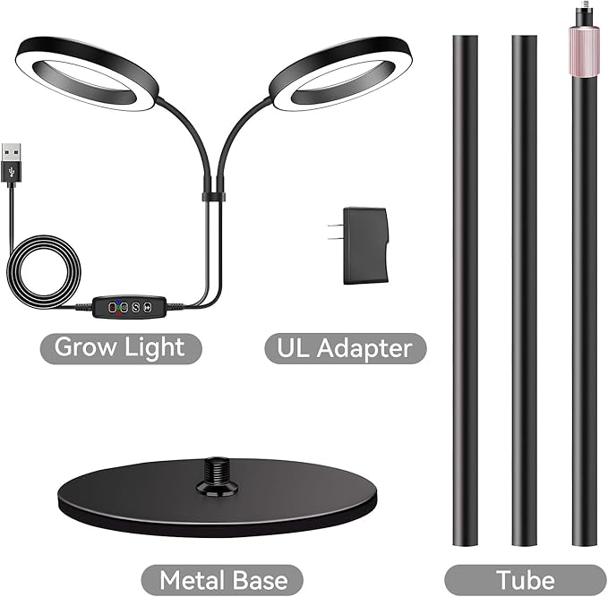 Dual-Head Grow Lights for Indoor Plants Full Spectrum Plant Lights with 23.5-67 Adjustable Height Stand 3 Growing Modes with Timer 3/9/12H Dimmable Halo Grow Lights for Large Tall Plants