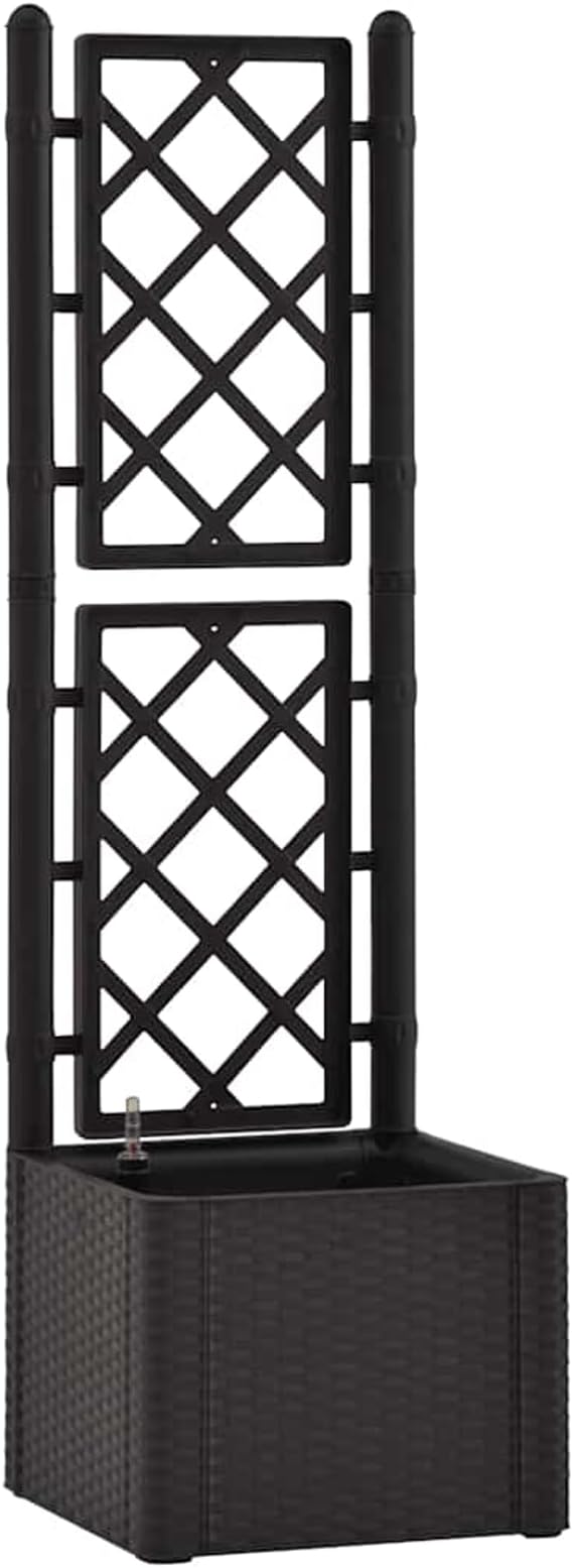 Garden Raised Bed with Trellis and Self-Watering System – Anthracite 4?x4?x5? 35L Capacity UV-Resistant Plastic Rattan-Style Includes Water Level Indicator