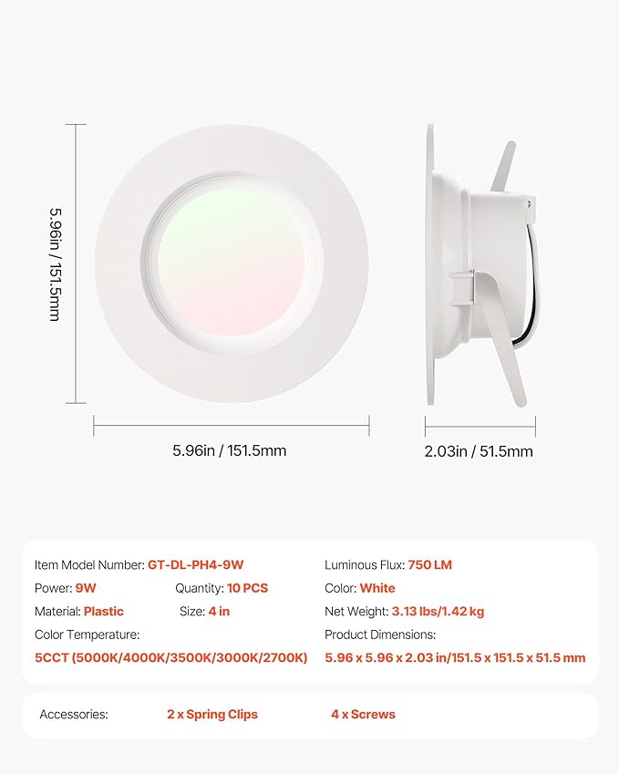 VEVOR 10 Pack LED Recessed Lighting 4 Inches Retrofit Can Lights 750 LM 9W 120V Selectable 5CCT 2700K/3000K/3500K/4000K/5000K 10% to 100% Dimmable Compatible with E26 Base and TP24 Connector