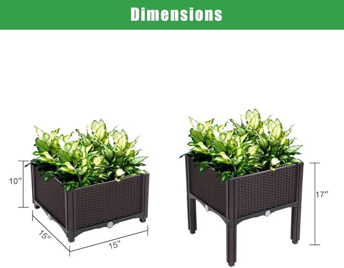 2 Pcs Elevated Planter Garden Box Free Splicing Injection Planting Box Raised Garden Bed with Legs with Drainage Plug for Vegetables Herb and Flowers (Brown)