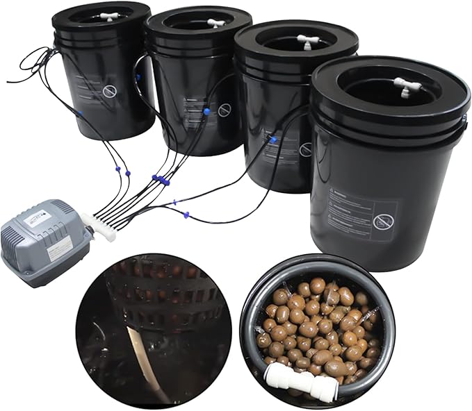 DWC Hydroponics Growing System 5 Gallon Deep Water Culture Recirculating Drip Garden System Kit with Multi-Purpose Air Hose Air Pump and Air Stone (4 Bucket + Reservoir Kit)