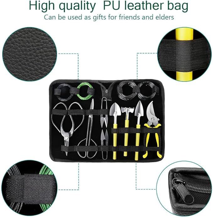 MOSFiATA Bonsai Tools Set 13 Pcs High Carbon Steel Succulent Gardening Trimming Tools Set Include Pruning Shears Scissors Mini Rake Round and Pointed Shovel &ampTraining Wire in PU Leather Bag