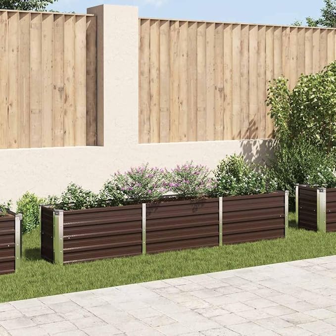 vidaXL Garden Raised Bed Galvanised Steel Rectangular Garden Planter for Flowers and Planters Bottomless Raised Flower Bed Weather-Resistant Brown 94.5x15.7x17.7