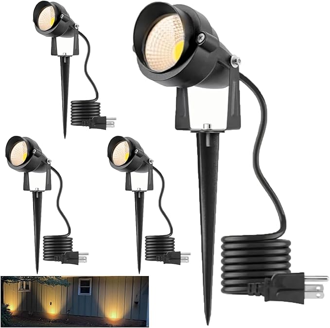 Warm White Yard Spot Lights Outdoor Spotlights 3000K 120V 10W IP65 Waterproof Metal Case Landscape Lighting Outside Uplights with Spiked Stand for House Pathway Tree Flag Front Porch 4 Lights
