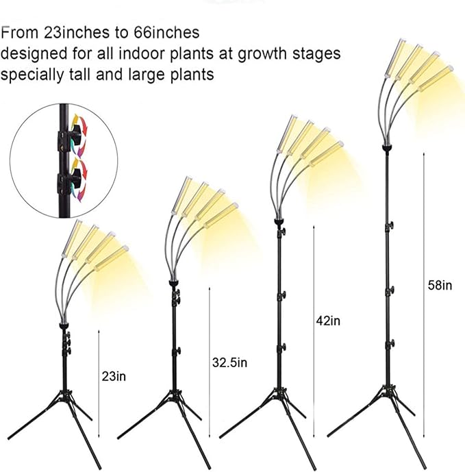 LED Grow Lights for Indoor Plants Grow Light with Adjustable Tripod 15-60in Stand Full Spectrum Plant Light with Timer for Seedlings-3 Switch Modes(3 Yellow)