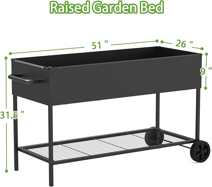 51 × 26 × 31.5 Inches Raised Garden Bed with Legs/Storage Shelf Mobile Planter Box for Outdoor Plants Elevated Garden Bed for Backyard Balcony Black