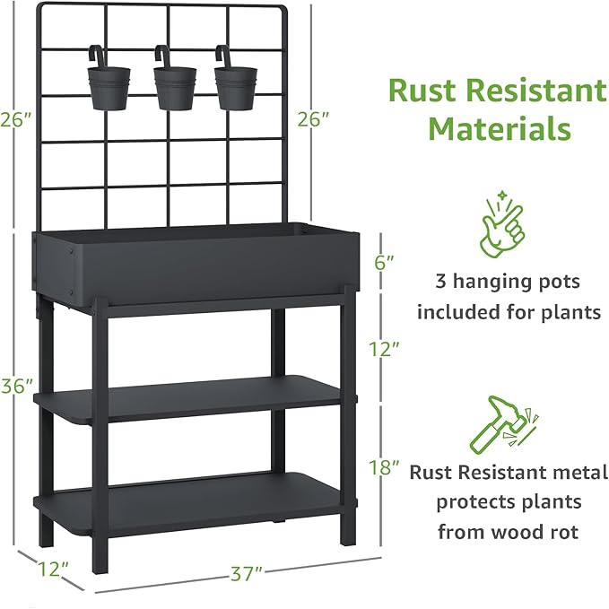 Metal Raised Garden Bed with Trellis &amp 2-Tier Storage Shelf Elevated Planter Box with Legs -Includes 3 Flower Pots Outdoor Vertical Garden for Vegetables Herbs Climbing Plants Patio Balcony