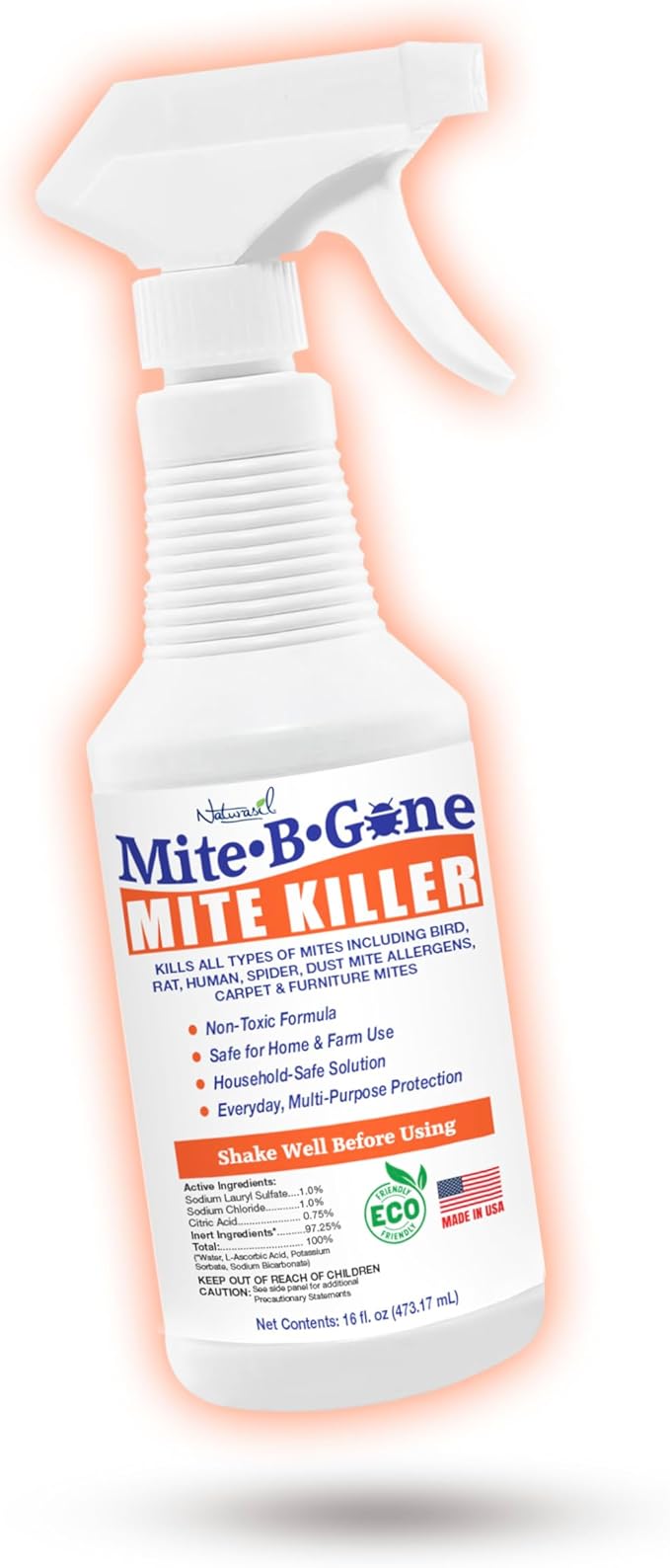 Dust Mite Killer Spray by Mite-B-Gone 16oz | Naturally Kills Human Mites Chicken Bird Dust Spider Rat Turkey Carpet Mites | Family &amp Pet Safe Treatment for Homes Furniture Bedding &amp F
