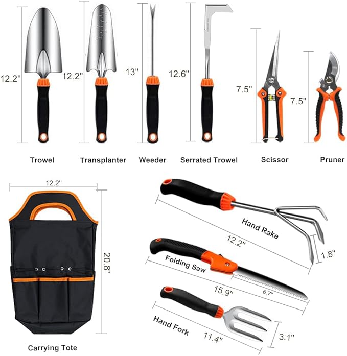 Garden Tool Set10 PCS Stainless Steel Heavy Duty Gardening Tool Set with Soft Rubberized Non-Slip Ergonomic Handle Storage Tote BagGardening Tool Set Gifts for Women and Men