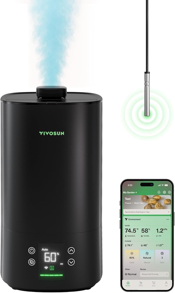 VIVOSUN AeroStream H05 Intelligent Wi-Fi Humidifier 1.32 Gal / 5 L Humidifier with Temp &amp Humidity Probe Smart Remote Control Designed for Growers