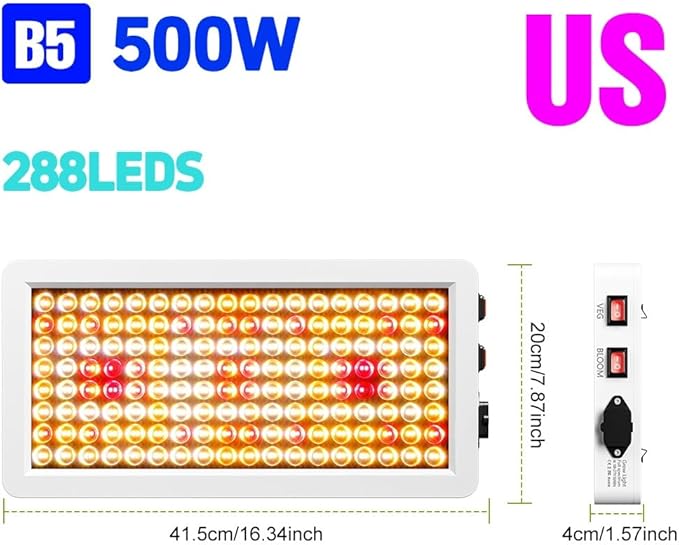 LED Green Plant Light 500W Grow Lamp 110V Full Spectrum Planting Lighting Veg/Bloom Modes Dimmable Indoor Hanging Hydroponic Lamps 220V Sapling Vegetables Fruit Greenhouse Tent Growth Box with US Plug