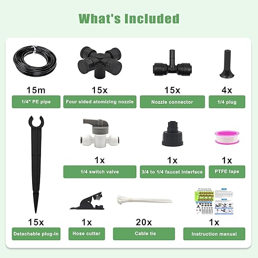 50FT Drip Irrigation System Kit Automatic Garden Watering System with 1/4 Drip Tubing &amp Quick Connect Fittings Adjustable Mist and Linear Columnar Modes for Greenhouse Raised Garden Beds Lawn