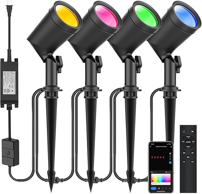 ZYAN 4 Pack Outdoor LED Landscape Spotlights with Sensor &amp 4 Pack 24W Smart Landscape Lights