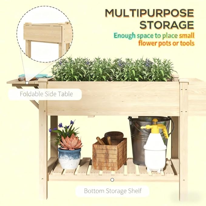 Elevated Garden BedWood Raised GBoxwith Side TableBottom ShelfBed Liners and Drainage Holes