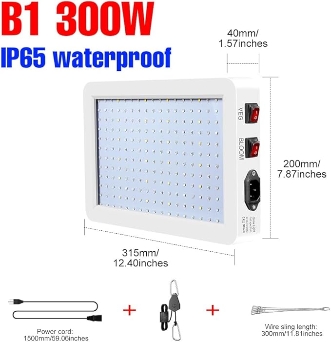 300W LED Growing Lamp Indoor Full Spectrum Plant Light Veg/Bloom Modes Dimmable AC100-277V Greenhouse Tent Fill Lamp UV IR Growth Box 110V Red Blue Hydroponic Sapling Potting Flower with Hook US Plug