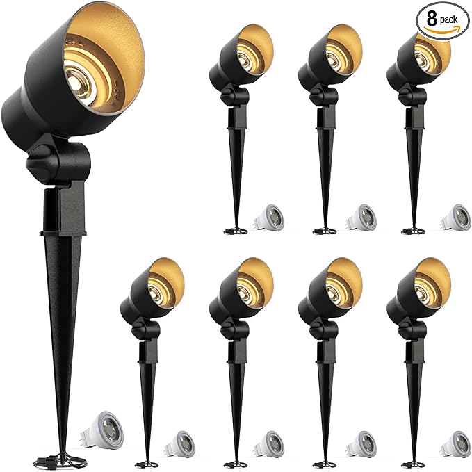 GOODSMANN Low Voltage Landscape Flood Lights 8PK Kit 3W LED 200 Lumen Outdoor Spotlights 3000K Warm White Replaceable LED Outside Hardwired Lighting with Metal Stakes Cable Connectors Replaceable