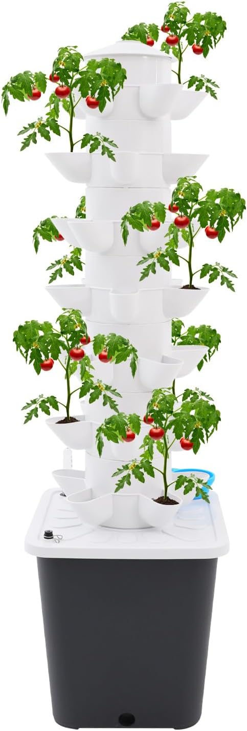 7-Tier Hydroponic Growing Tower 35 Plant Sites Vertical Garden System with Brushless Water Pump 2.64gal Water Tank Indoor Soilless Planting Kit for Herbs Fruits Vegetables (White+Grey)