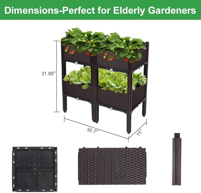 VINGLI Square Raised Garden Bed Self-Watering Plastic Planter for Indoor Outdoor Vegetables Fruits Potato Flowers All Weather (4 Pcs)