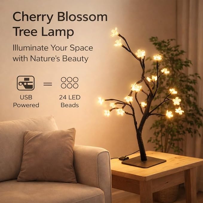 Cherry Blossoms Tree Lamp with 24 LED USB Powered Warm White Light Plastic PVC Bonsai Light for Home Decoration - Romantic Twinkling Lights Flexible Branch Design Ideal for