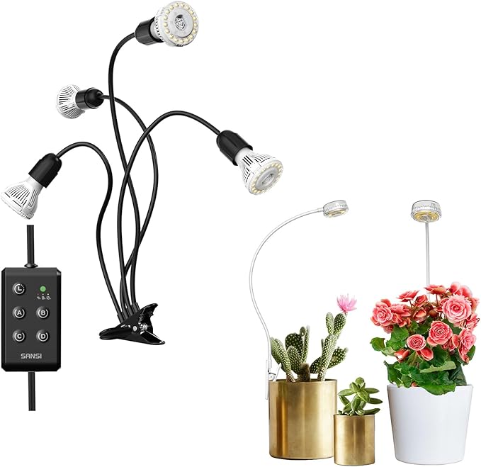 SANSI Grow Lights for Indoor Plants LED Pot Clip Plant Light for Growing 2PACK + 600W Full Spectrum 4-Gooseneck Clip Plant Grow Light 1PACK High PPFD Growing Power Grow Lamp