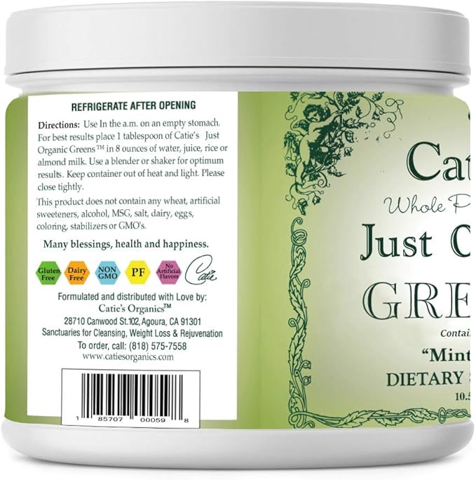 Catie's Whole Plant Food Just Organic Greens - Raw Food - Rich in Green Grasses Algae + Herbs. Blood Building. Nutrient Rich. Superfood Powder. 30 Day Supply.
