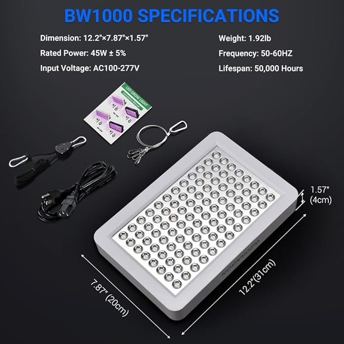 Upgraded BW1000 LED Grow Lights Double Chips Full Spectrum for Greenhouse and Indoor Plant Veg and Flower Growing [White]