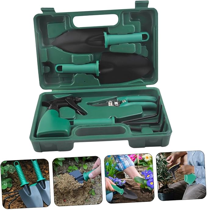 Portable 5pcs Garden Tool Set with Steel Shovel Rake Pruning Shears and Carrying Case for Flower Planting and Soil Cultivation