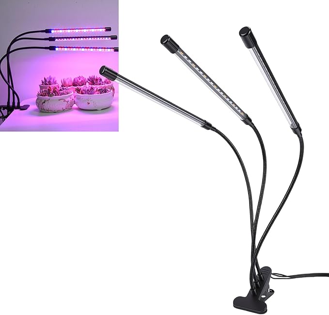 LED Grow Lights Full Spectrum 3 Head 12W Clipes On Indoor Plant Growing Lighting with Gooseneck 3 Timer 10 Dimmable Levels Three Light Modes Red Blue Warm (Head 12W)
