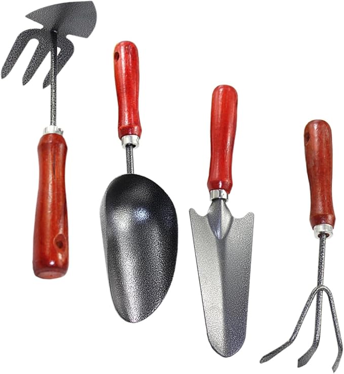 BESTonZON 4pcs Garden Tool Set with Small Shovel Hand Rake Dual-use Hoe and Soil Scoop Mini Painted Steel for Flower Planting and Vegetable Gardening
