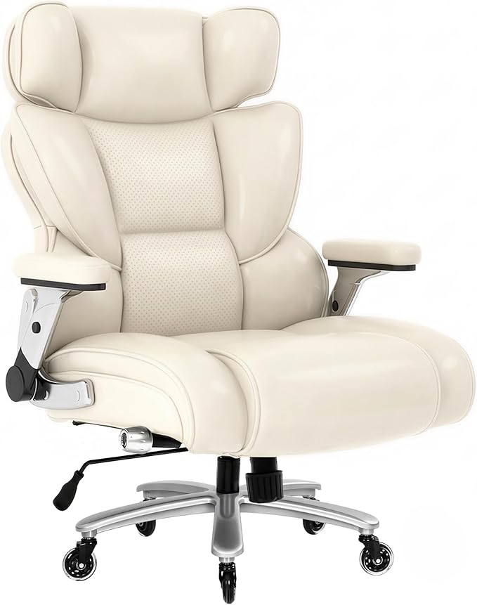 FLEXISPOT 600lbs Big and Tall Office Chair for Heavy People Heavy Duty Computer Desk Chair with Dynamic Lumbar Support 2D Armrest Blade Wheels Chairs for Home Office Gaming Working Leather Beige