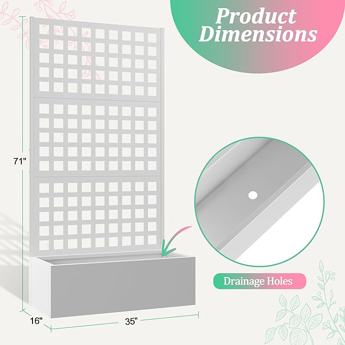 Metal Raised Garden Bed with Trellis for Climbing Plants Vegetable VinesMetal Planter Box with Trellis 71x35x16Trellis with Planter Box &amp Privacy Screen(White)