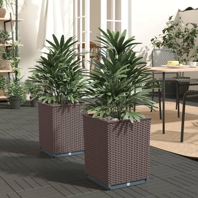 2-Pack Brown Polypropylene Raised Planter Box 11.8x11.8x14.6 Durable Lightweight Elevated Container for Garden Patio Balcony Outdoor Vegetables Flowers