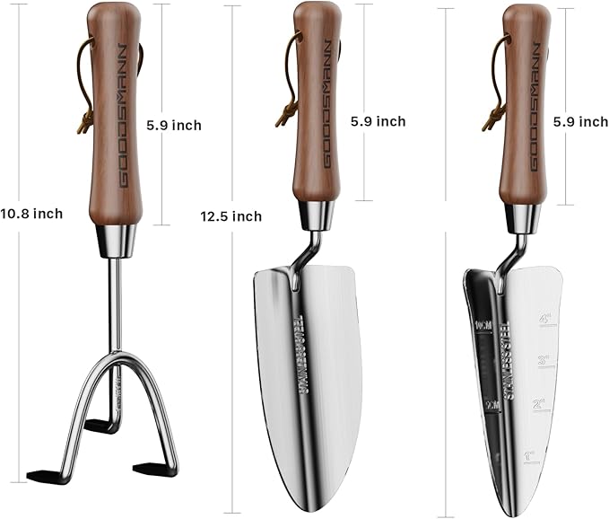 GOODSMANN Garden Tools Set 3 Piece Stainless Steel Gardening Kit Hand Trowel Marker Measurements Transplanter and Cultivator Garden Hand Shovel for Digging Weeding Planting Turning Soil