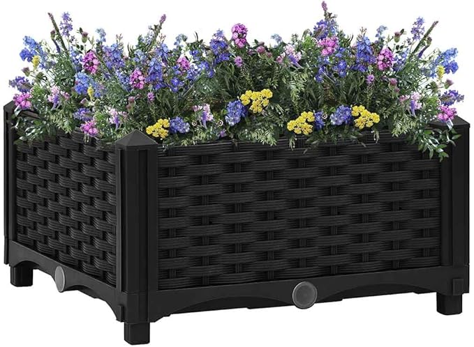 Square Raised Garden Planter Box 15.7x15.7x9.1 in Matte Black UV Stable Polypropylene Outdoor Planter for Balcony Patio Herb Flower Vegetable Garden Spaces