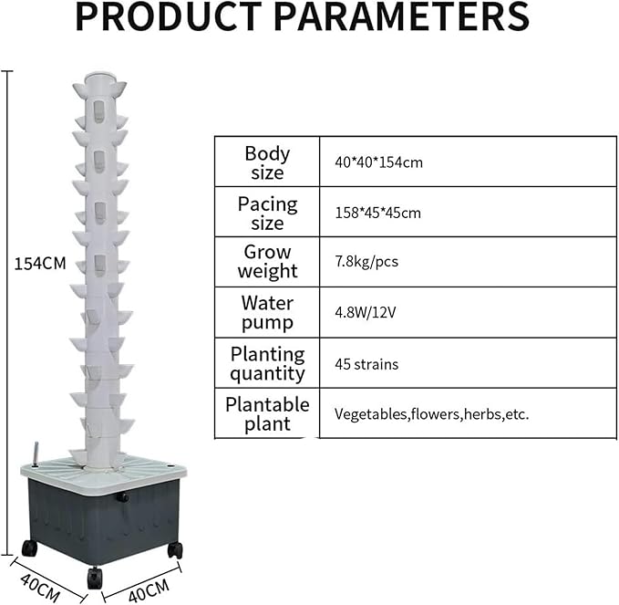 Hydroponic Culture Kit Garden Inner Garden of Hydroponic Tower 15 Layers 45 Plant Sites Vertical Hydroponic Tower with Pump and Mobile Water Tank
