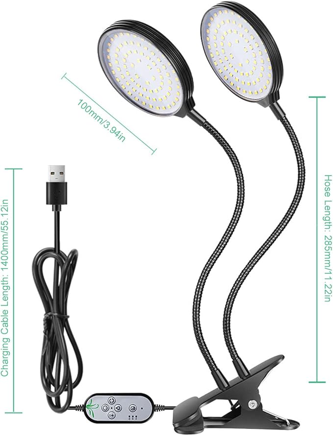 30W LED Grow Light Dual Heads USB Power Supply Sunlike Full Spectrum LED Plant Grow Lights with Clip