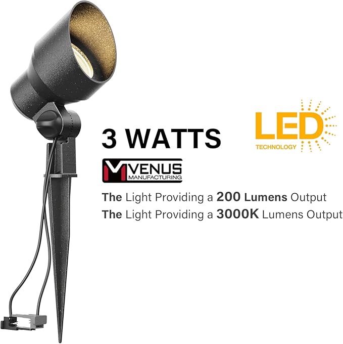 VENUS MANUFACTURING 10PK Low Voltage Landscape Lights Kits with 6 Pack Black 3Watt 200 Lumen LED Spotlight 12V Floodlights &amp 4 Pack 1.2Watt Outdoor Pathway Lighting for Sidewalk Walkway Black Ligh