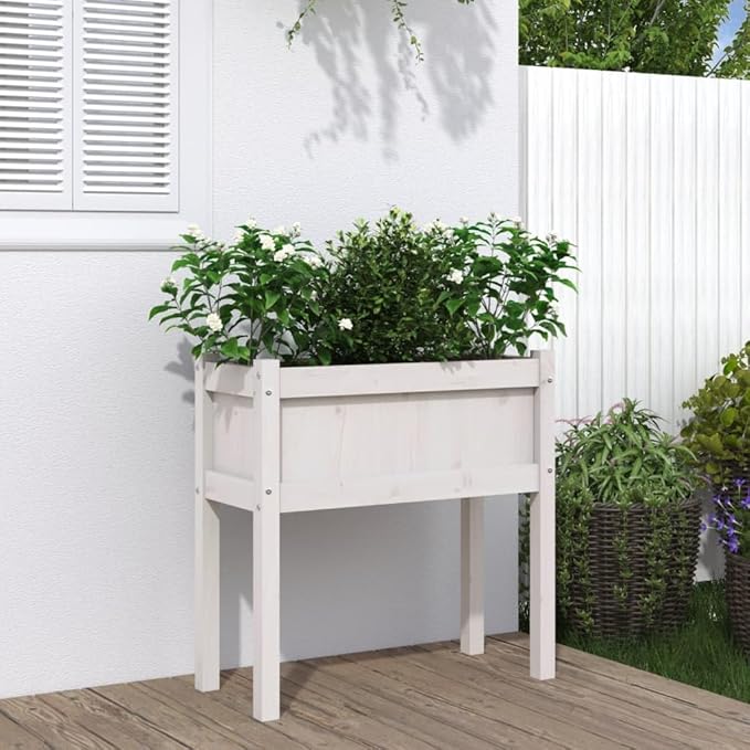 27.6 inch Rustic White Pine Wood Large Outdoor Planter Elevated Garden Box for Patios Balconies &amp Raised Flower Bed Use Solid Wooden Trough with Drainage