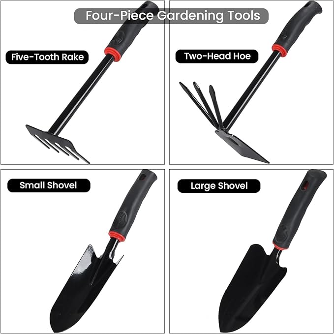 RK_Enterprises 4 Pcs Garden Tools Set (Five Tooth Rake 2 Shovel and Two Headed Hoe) Terrace Balcony Gardening Accessories Kit for Home Garden Essential Farming